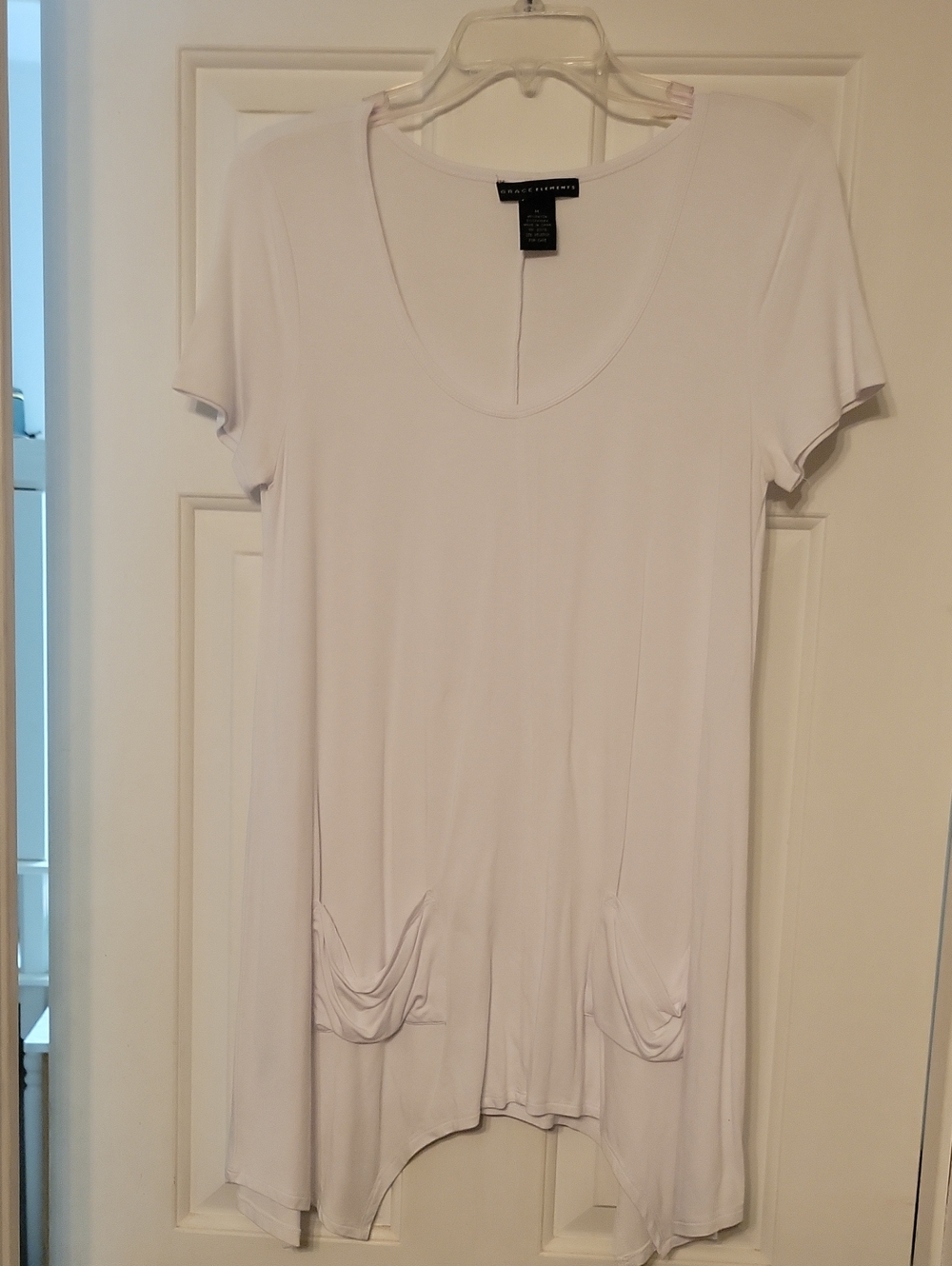 Grace Elements White Short Sleeve Scoop Neck Tunic with Front Pockets